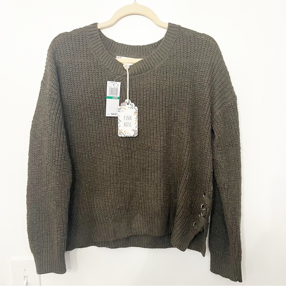NWT Pink Rose shaker cotton knit olive green lace-up-side sweater juniors large